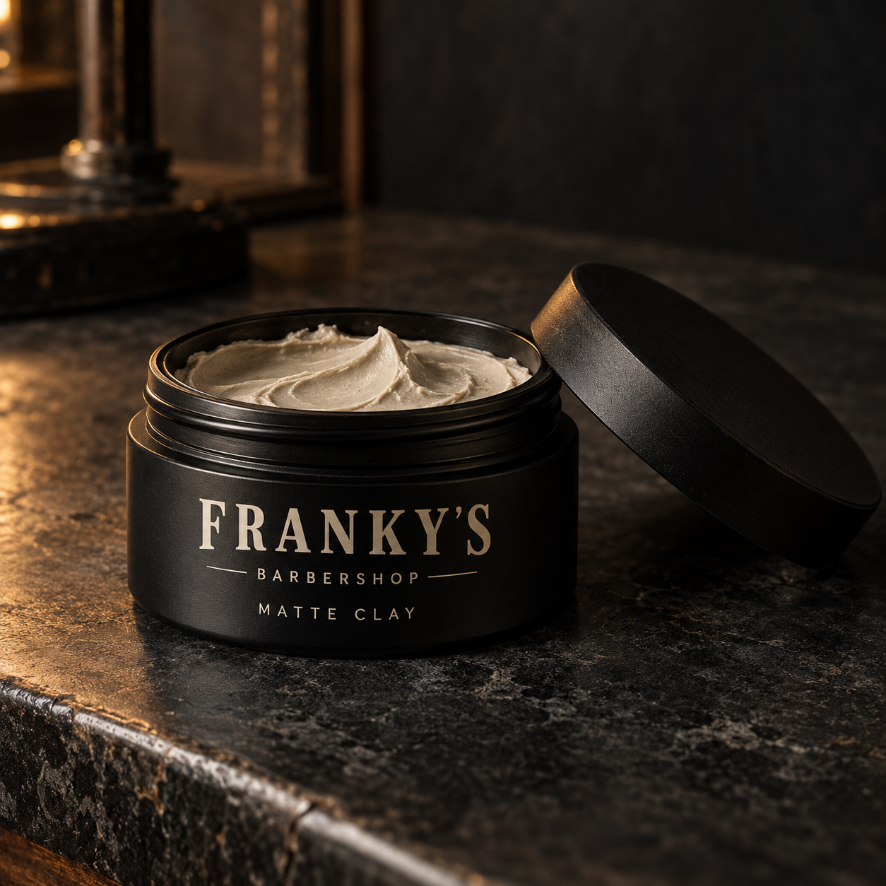 Franky's Matte Clay concept in een zwarte pot met crème etiket